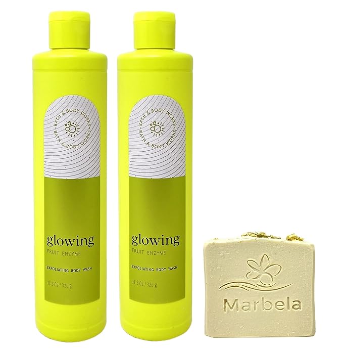 Bath &amp Body Works Glowing With Fruit Enzyme 2 Pack Exfoliating Body Wash Bundle with a Wild Jasmine Bar Soap - Full Size