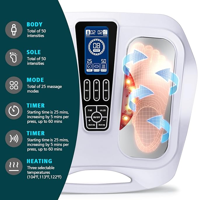 EMS Foot Massager with HeatTENS Electronic Muscle Circulation Stimulator with 4 Electrode Pads for NeuropathyRelieves Swelling Fatigue Plantar Fasciitis-Silent Operation ((White)