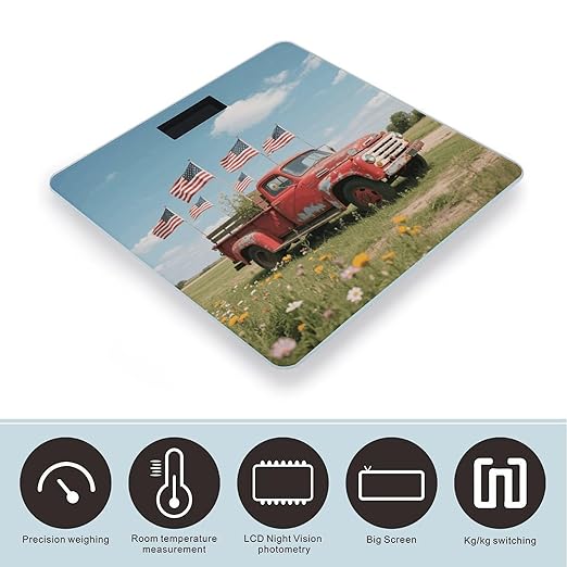 4th of July Patriotic Old Red Truck Weight Scale Large Digital Bathroom Scales with Bright LED Display Non Slip Digital Scale and Step On Fashion Weighing Machine for Body