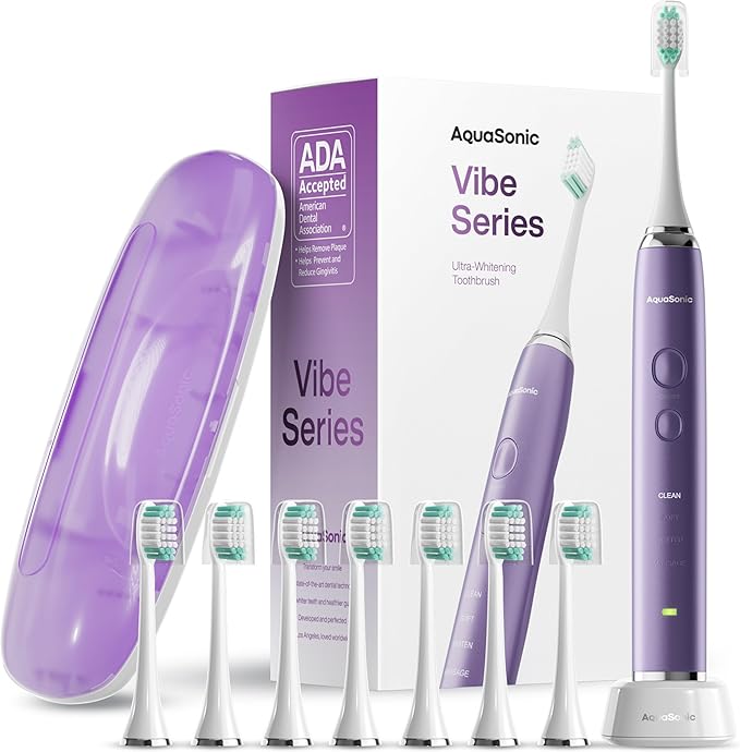 Aquasonic Vibe Series Ultra-Whitening Toothbrush – ADA Accepted Electric Toothbrush - 8 Brush Heads &amp Travel Case – 40000 VPM Motor &amp Wireless Charging - 4 Modes w Smart Timer – Satin Violet