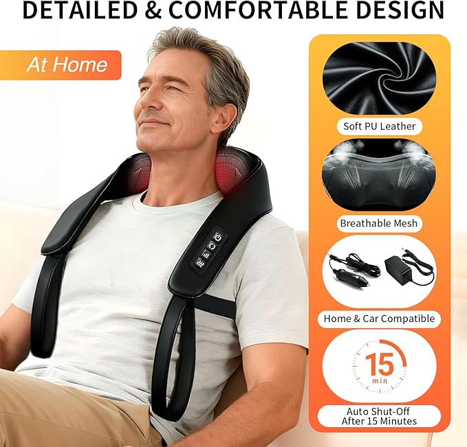TISSCARE Neck Massager for Pain Relief Deep Tissue with 2 Heat Levels Hands-Free Shiatsu Kneading Back Massager for Shoulder &amp Whole Body Plug-in for Home Office Car Ideal Gift for Women Men