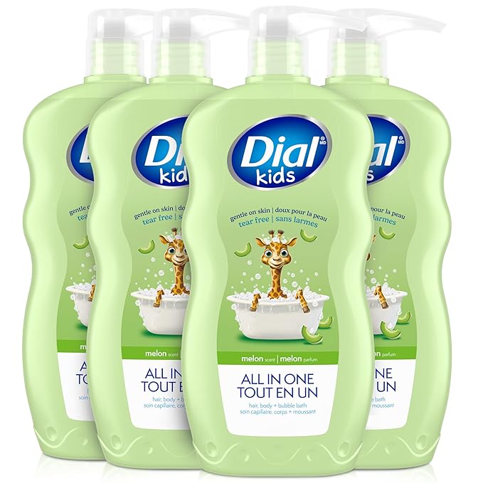 Dial Kids All-in-1 Body Wash + Hair + Bubble Bath Melon Scent 24 Fl Oz Pack of 4 Hypoallergenic Body Wash &amp Shampoo No Tears Formula for Kids 2+ Years No Parabens &amp Silicones