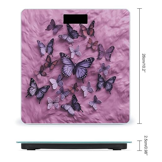 Butterflies are on Purple Background Bathroom Scale Automatic Power On/Off Body Scales LCD Backlight Display Square Digital Scale Rounded Corners Bathroom Scales for Home Bedrooms