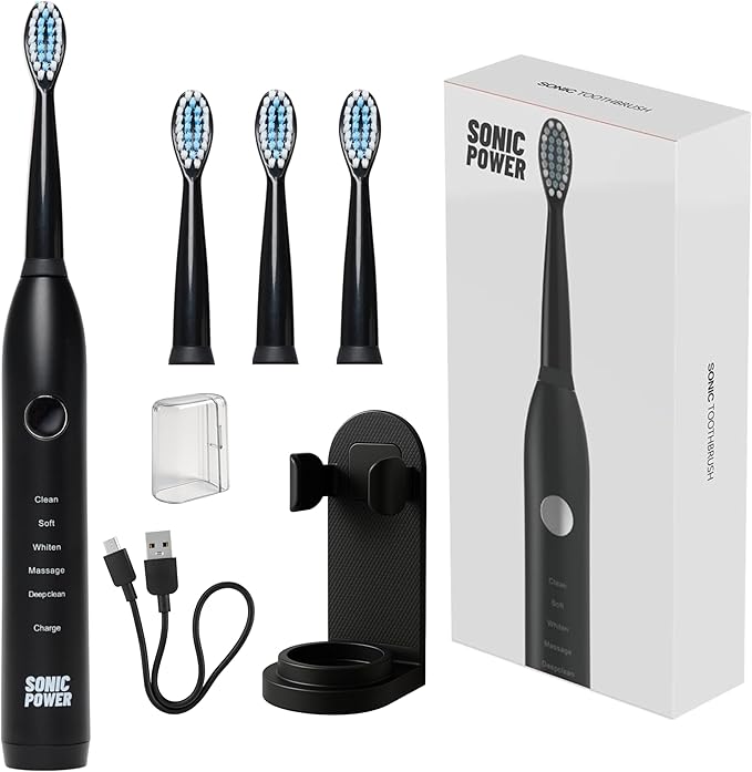 Electric Toothbrush Kit Ultra Portable &amp Lightweight with 5 Cleaning Modes 1 Year Supply of Brush Heads Rechargeable Battery Mirror Mount &amp Travel Cap Included (Black)
