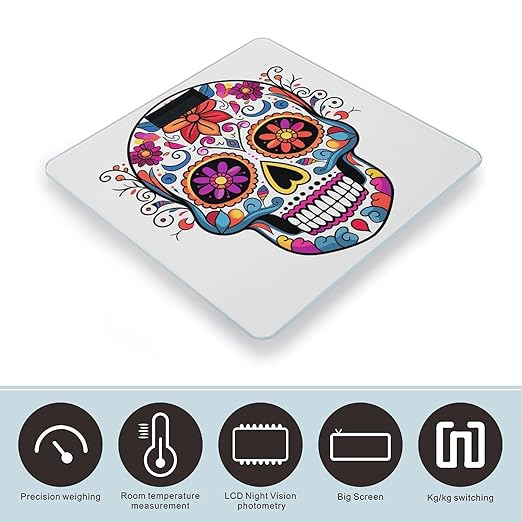 Sugar Skull Bathroom Scale Large LCD Backlight Display Digital Scale Rounded Corners Body Scales Automatic Power On/Off Bathroom Scales for Home Bedrooms