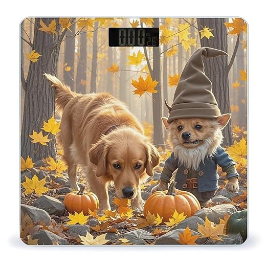 Dog and Maple Leaves Bathroom Scale for Body Weight Bathroom Weighing Scales with Back Lit LED Display Sturdy Tempered Glass Body Weight Bathroom Scale 400lb Weighing