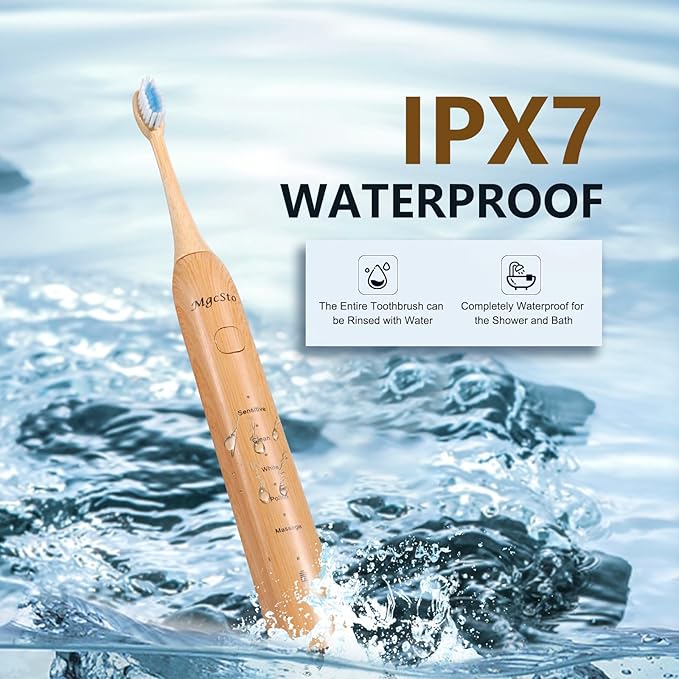 Sonic Electric Bamboo Toothbrush for Adults -5 Adjustable Cleaning Modes -Includes 2 Bamboo Heads with Castor Oil Bristles - Upgraded IPX7 Waterprood -Convenient Charging &amp Travel Case