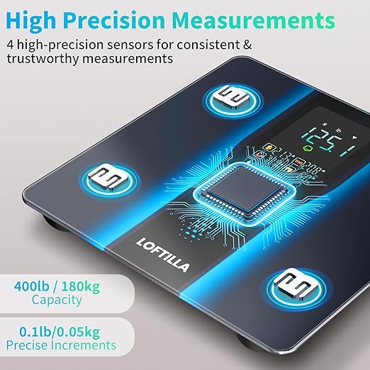 LOFTILLA Smart Scale for Body Weight Accurate Scale with BMI Body Fat Muscle Mass 8-in-1 Large Display Digital Bathroom Scales for 14 Body Composition Metrics Sync with Fitness App