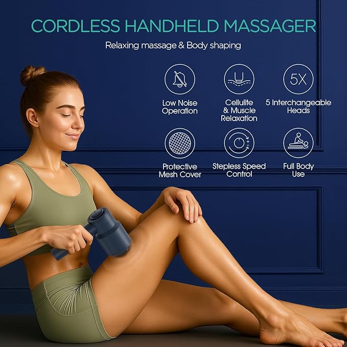 VOYOR-HEALTH Handheld Cellulite Massager Electric Cellulite Remover Body Sculpting Massage with 5 Replaceable Heads for ArmThighCalves Cordless &amp Rechargeable Deep Tissue Massager CM410 (Blue)
