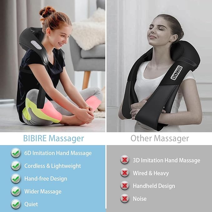 BIBIRE Neck Massager with Heat Cordless Shiatsu Deep Tissue Shoulder Massager with 6 Kneading Nodes for Back Neck Leg Muscle Relief Gift for Men Women Home Office Use