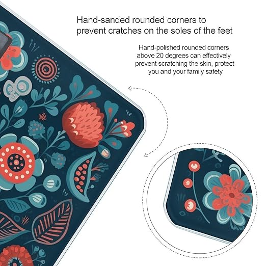 Blue Flower Pattern Scale for Body Weight Anti-Slip Tempered Glass Digital Bathroom Scales Clear LCD Display Weighing Scale Safe Rounded Corners Smart Scales