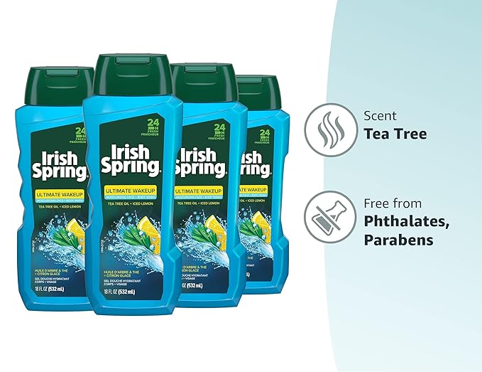 Irish Spring Ultimate Wake Up Tea Tree Face &amp Body Wash for Men Moisturizing Body Wash Washes Away Bacteria - 18 Fluid Ounce 4 Pack