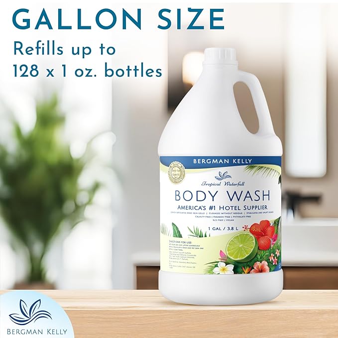 BERGMAN KELLY Refill Gallon Size Body Wash (128 fl oz Tropical Waterfall Scent) Delight Your Guests with an Invigorating and Refreshing Body Wash Quality Guest Hotel Toiletries in Bulk