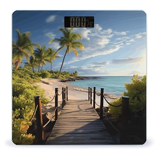 Palm Trees Beach Sea Ocean Scale for Body Weight Precision Bathroom Weighing Scales with Back Lit LCD Display Sturdy Tempered Glass Body Weight Scales Digital Bathroom Scale 400lb
