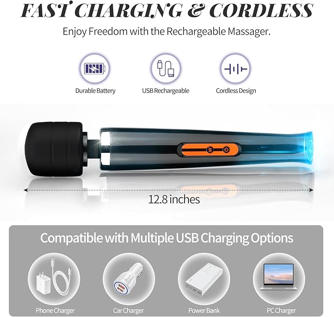 Rechargeable Wand Massager for Women 10-Speed Cordless Handheld Massager Portable Electric Deep Tissue Massage Tool for Full Body Muscle Recovery Neck Back Shoulder &amp Foot (Black-USB)