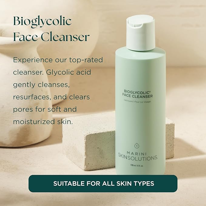 Marini SkinSolutions Bioglycolic Face Cleanser - Gentle Resurfacing Facial Wash with Glycolic Acid - Non Foaming Non Irritating - Cruelty Free - Made in the USA - 6 fl oz