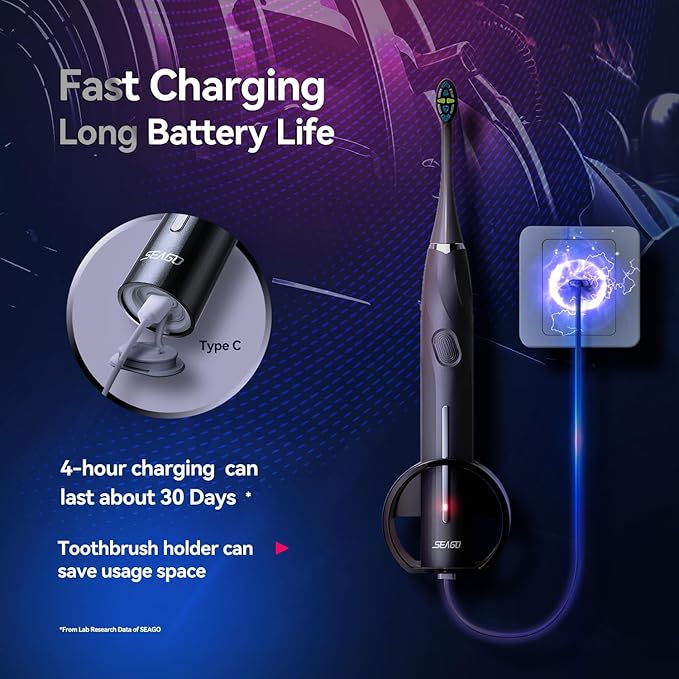 SEAGO Electric Toothbrush with 8 Soft Bristle Heads for Adults Pressure Sensor 5 Modes with 2 Minutes Build in Smart Timer Rechargeable Travel Toothbrush with Brush Hold and Travel Case(2752Black)