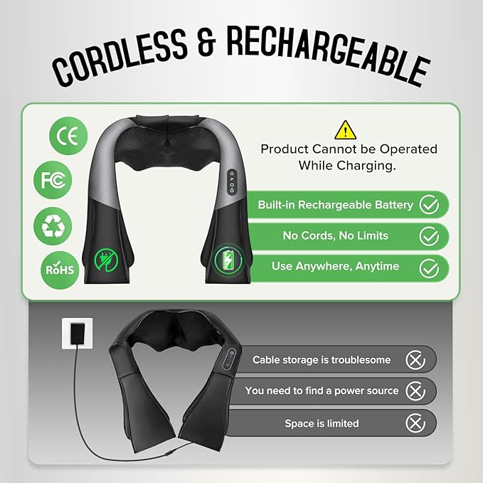 Cordless Shiatsu Neck and Shoulder Massager Back Massager with HeatMassage Deeper Tissue 4D Kneading Massage for Shoulder Neck and Back Use at Home Office Car - Gifts for Fathers Day Dad Gift
