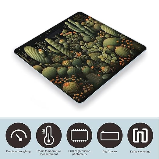 Green Cactus Weight Scale Large Bathroom Scales Digital Weight with Bright LED Display Non Slip Automatic Weighing Scale Fashion Weighing Machine for Body