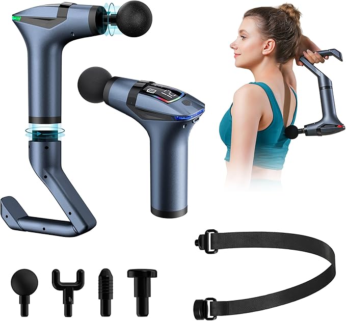 3-in-1 Massage Gun Extended Handle &amp Belt with 12 Speed Levels &amp 4 Replaceable Heads for Athletes Gym Recovery and Seniors Back Pain