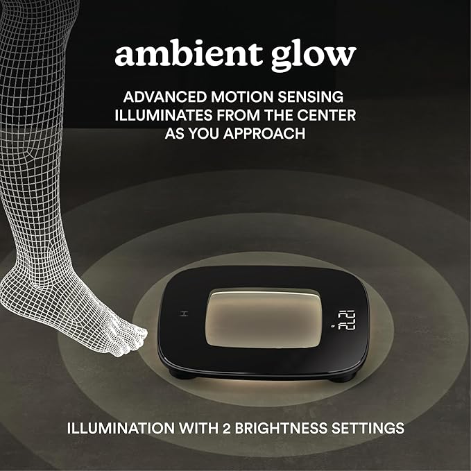 Homedics Digital Bathroom Scale Motion-Sensing Ambient Center Illumination Sleek Tempered Glass High-Precision Weight Measurement Up to 400 lbs Sustainable Design Black
