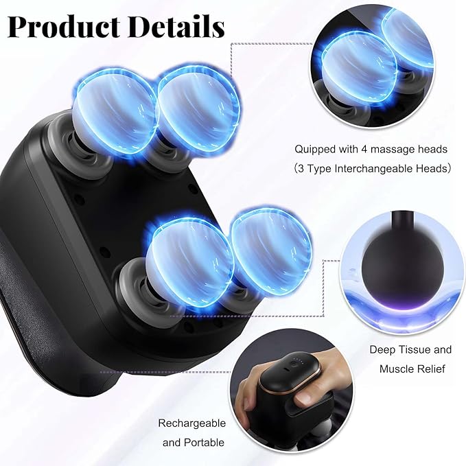 2025 New 4-Head Deep Tissue Electric Percussion Massager for Muscle Relaxation - 5 Adjustable Levels Rechargeable Vibration Massage Device for Neck Back Shoulder Leg (White)