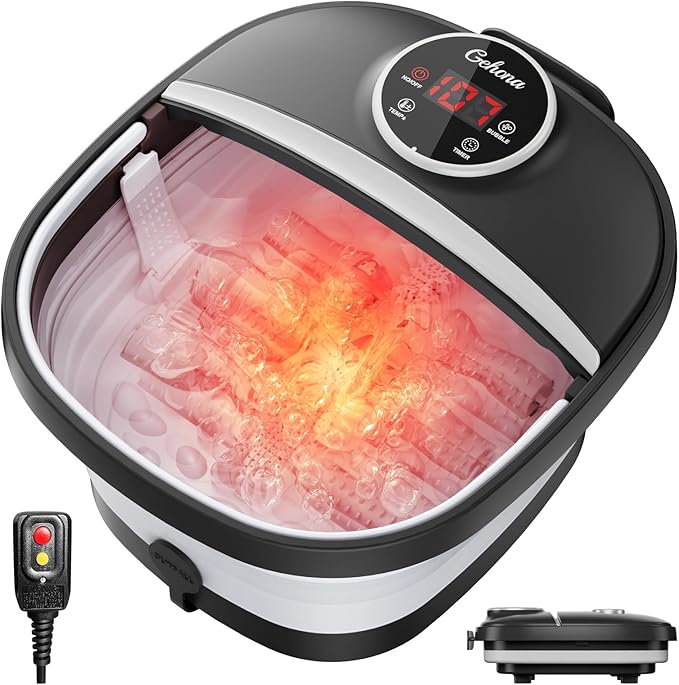 Collapsible Foot Spa Bath with HeatFoot Massager with Two Side SupportsLeakage ProtectorTemperature ControlBubblesRed LightTimerFeet Spa TubFeet SoakerGifts (Black)