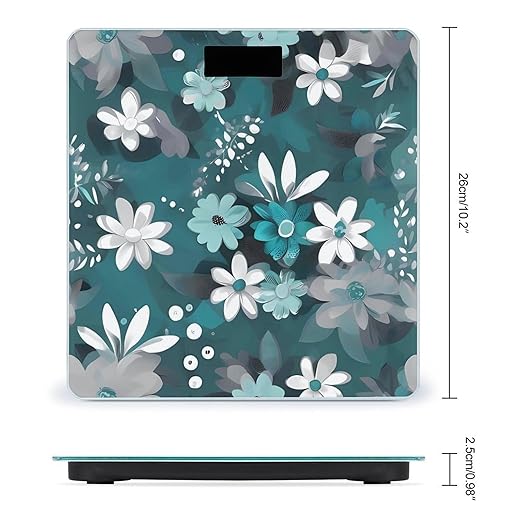 Teal Grey and White Floral Scale with LCD Precision Weighing Scales Sturdy Tempered Glass Weight Scales Easy-to-Read Anti-Slip Weight Digital Bathroom Scale for Daily