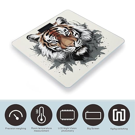 Black and White Doodle Tiger Digital Bathroom Scale for Body Weight Weighing Scale with Backlit LCD Display High Precision Measurements &amp Measures Weight Up to 180kg