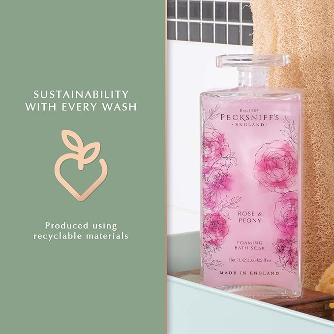 Pecksniff’s Rose &amp Peony Foaming Bath Soak – Luxury Bubble Bath 1L / 33.8 fl oz Made in England