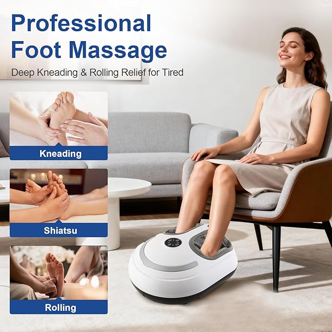 Foot Massager with Heat Shiatsu Feet Massage Machine Deep Kneading Relief for Plantar Fasciitis Air Compression 3 Heat Levels Relax for Home Office Use Gifts for Women Mom Dad White Mothers Day Gifts