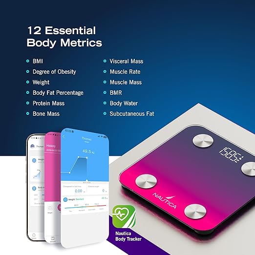 Nautica Body Tracker Digital Bathroom Scale Bluetooth-Enabled Smart Scale with BMI Body Fat Muscle Mass Tracking &amp More Syncs with Smartphone App for Body Composition Tracking 396 Lbs.