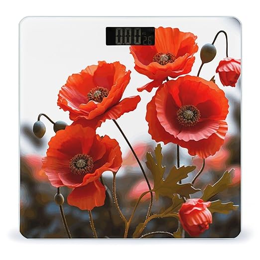 Poppy Flowers Vivid Petals Weight Scale Large Bathroom Scales Digital Weight with Bright LED Display Non Slip Automatic Weighing Scale Fashion Weighing Machine for Body