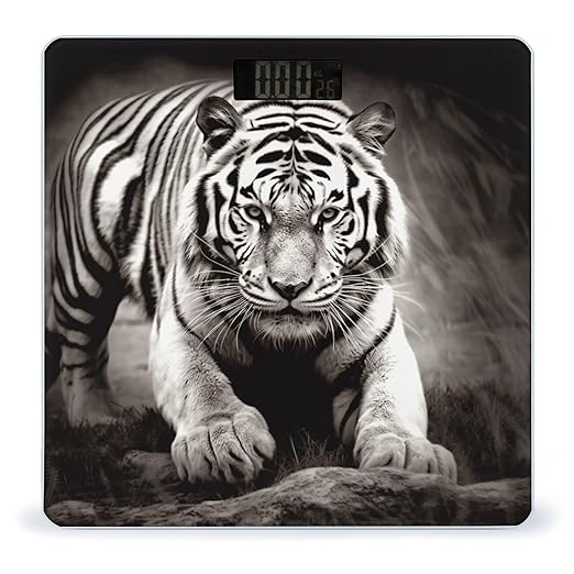 Black and White Tiger Scale for Body Weight Anti-Slip Tempered Glass Digital Bathroom Scales Clear LCD Display Weighing Scale Safe Rounded Corners Smart Scales