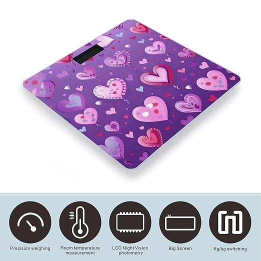 Purple Love Pattern Scale for Body Weight Sturdy Tempered Glass Weighing Scales with LCD Display Accurate Digital Bathroom Scale Convenient Body Fat Smart Scales 400lb