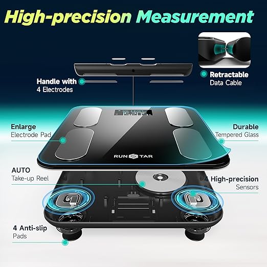 Runstar Scale for Body Weight and Fat BMI Muscle Mass to 28 Measurements FSA&ampHSA Eligible Digital Bathroom Scales 8-Electrode with Voice Prompt High Accurate Bluetooth Weight Scale