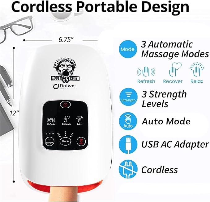 Daiwa Felicity Mouth of Truth Hand Massager – Air Compression Reflexology Cordless with 3 Massage Modes Portable Pain Relief for Hands &amp Circulation Playful Laugh Sound
