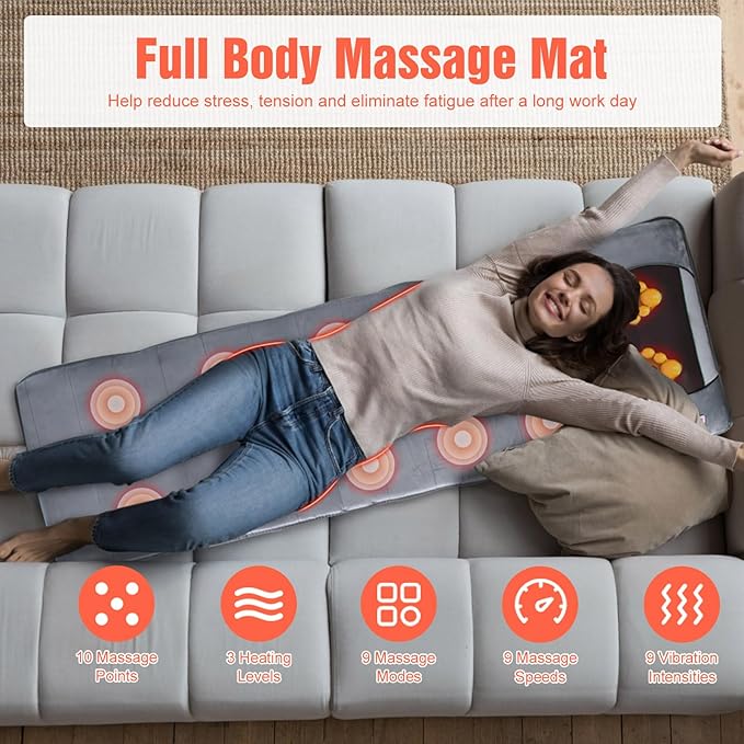 Massage Mat Full Body Massage Mat with 10 Vibrating Motors &amp 9 Modes Back Massager with Heat Massager Mattress Pad for Back Heating Pad with Auto Shut Off