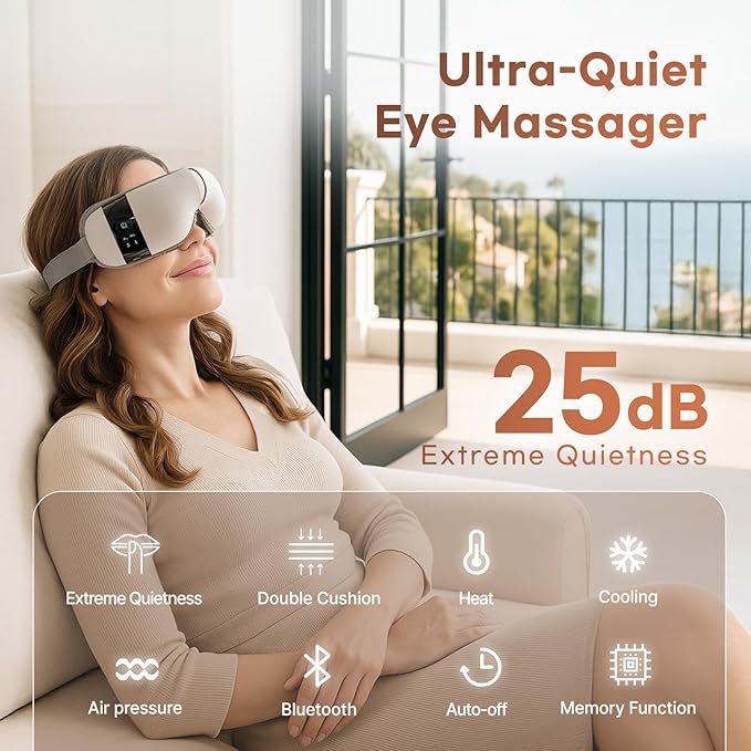HubiCare Ultra Quiet with Double Pad Eye Massager under 30dB Heat &amp Cooling for Enhanced Comfort Airbag and Bluetooth Music for Dark Circles Dryness Relieve Strain and Migraine Relief Relaxati