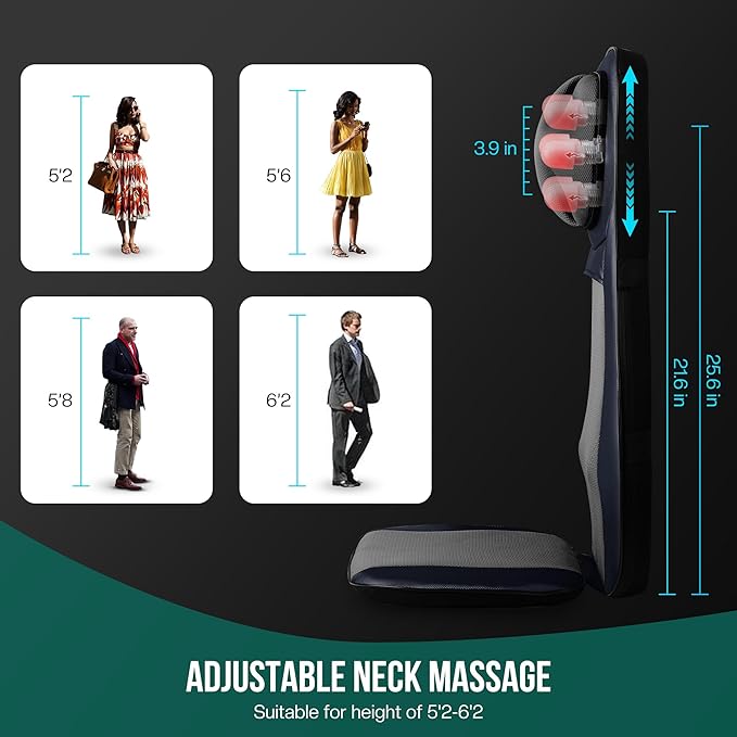 Snailax Shiatsu Neck Back Massager with Heat Full Body Massage Chair Pad with Adjustable Height Deep Kneading &amp Rolling Massage Seat Cushion for Back Pain APP Control Seat Chair Massager Gifts