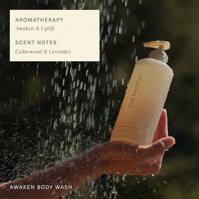 Oak Essentials Awaken Body Wash | Hydrating Shower Gel with Lavender Oil Cedarwood Oil &amp Rice Bran Extract 10.1 Fl Oz