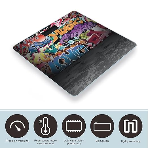 Graffiti Hip Hop Bathroom Scale Automatic Power On/Off Body Scales LCD Backlight Display Square Digital Scale Rounded Corners Bathroom Scales for Home Bedrooms