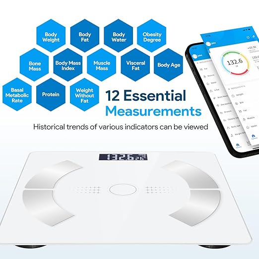 Accurate LED Display Bathroom Scale with Mobile App for Body Composition Analysis Smart Digital Body Fat Scale (White)