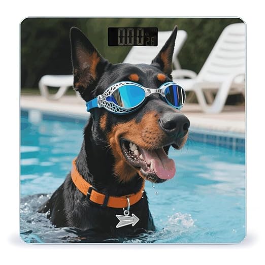 Doberman in Pool Scale for Body Weight Sturdy Tempered Glass Weighing Scales with LCD Display Accurate Digital Bathroom Scale Convenient Body Fat Smart Scales Easy Read