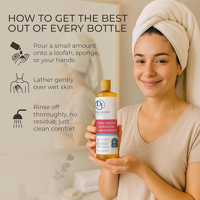 Dr. Jacobs Naturals Hypoallergenic Castile Soap Dermatologist Tested Unscented Soap for Eczema &amp Psoriasis Relief - Sensitive Skin Body Wash Vegan &amp Gluten-Free Formula for All-Day Hydration