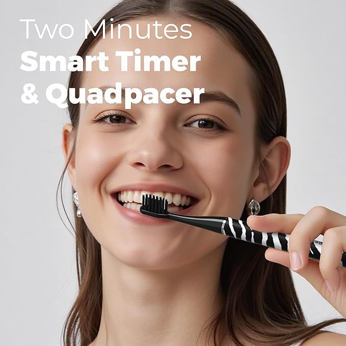 MIPOW Brush GO SlimPro i4 Electric Toothbrush Rechargeable Smart Ultra Sonic 3 Modes Travel Case &amp Ceramic Dock 60Day Battery Soft Bristles 2 Heads IPX7 Waterproof Color-ZebraBold Edition