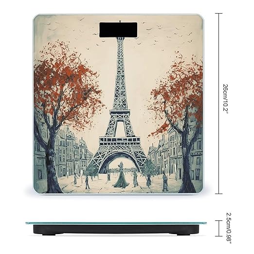 Paris City Tree Eiffel Tower Art Scale for Body Weight Anti-Slip Tempered Glass Digital Bathroom Scales Clear LCD Display Weighing Scale Safe Rounded Corners Smart Scales