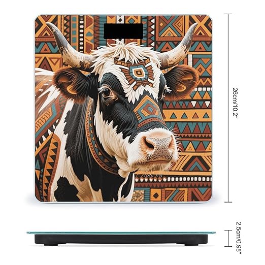 Digital Bathroom Scale for Body Weight Scale with Bright LCD Display High Accuracy Step-On Technology Auto On/Off Aztec Ethnic Tribal Cow Digital Scales 400 Lbs /180kg