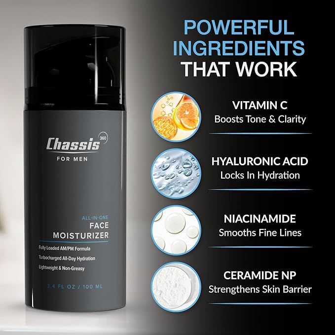 Chassis 360 Hydrating Men’s Body Wash &amp All-In-One Face Moisturizer Bundle – Triple Foam Body Cleanser + Vitamin C Niacinamide &amp Hyaluronic Acid Moisturizer