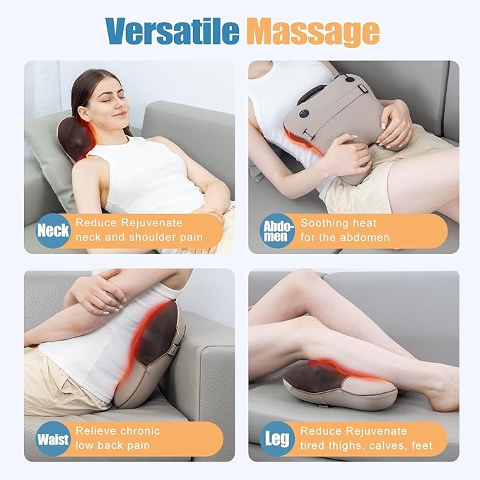 Shiatsu Neck and Back Massager with Heat Back Massager for Pain Relief Deep Tissue Massager for Neck and Shoulder Pain Massage Pillow with Cover Adjustable Straps &amp Portable Handle (No Battery
